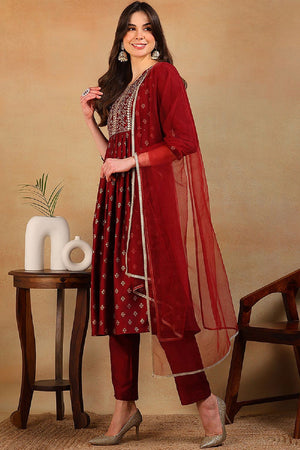 Maroon Silk Blend Solid Woven Design Flared Empire Anarkali Suit Set