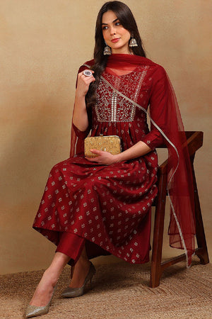 Maroon Silk Blend Solid Woven Design Flared Empire Anarkali Suit Set