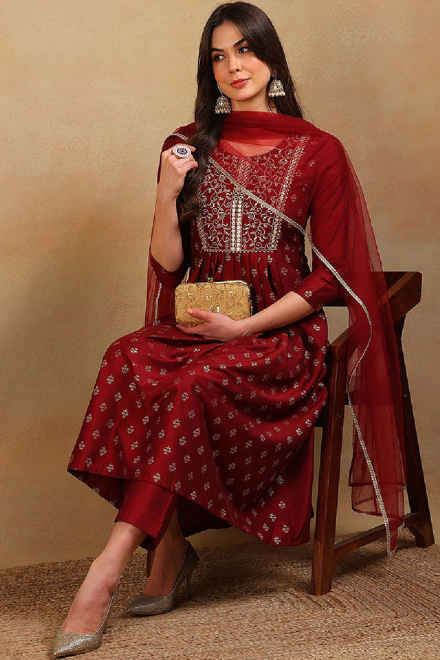 Maroon Silk Blend Solid Woven Design Flared Empire Anarkali Suit Set
