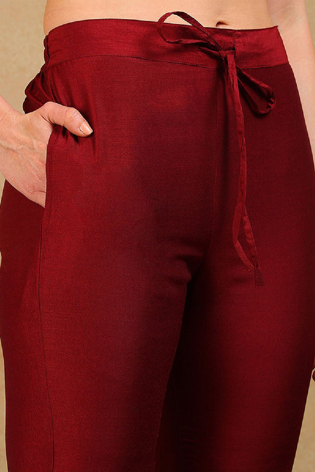 Maroon Silk Blend Solid Woven Design Flared Empire Anarkali Suit Set