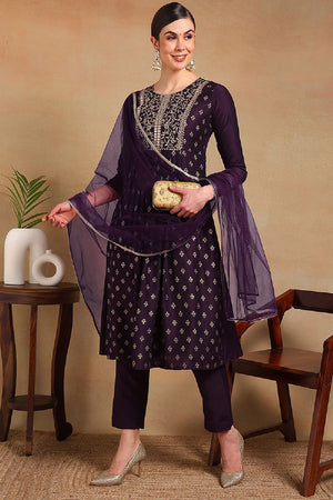 Purple Silk Blend Solid Woven Design Flared Empire Anarkali Suit Set
