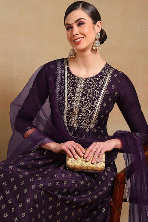 Purple Silk Blend Solid Woven Design Flared Empire Anarkali Suit Set