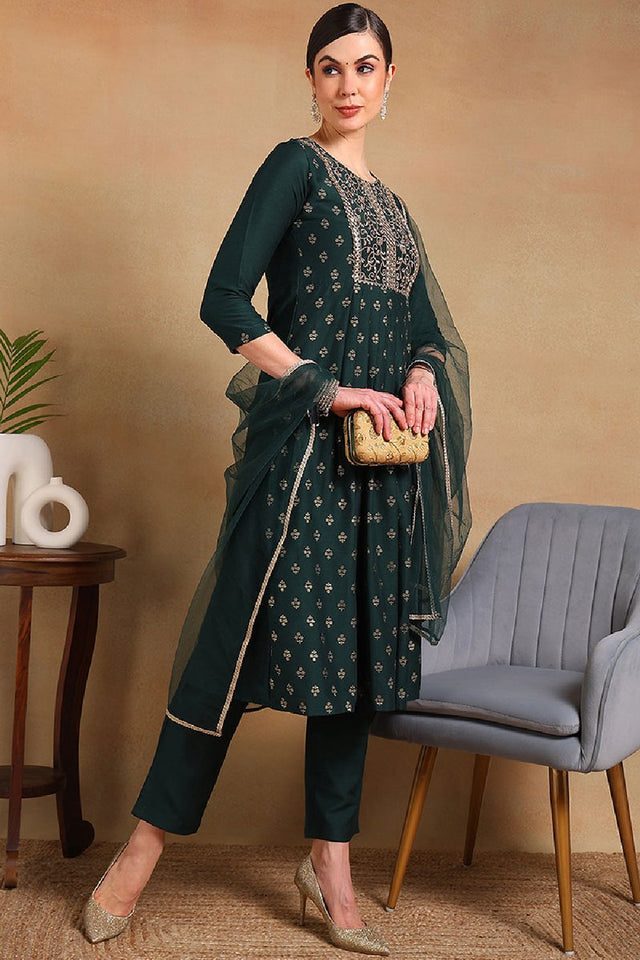 Green Silk Blend Solid Woven Design Flared Empire Kurti Pant Set