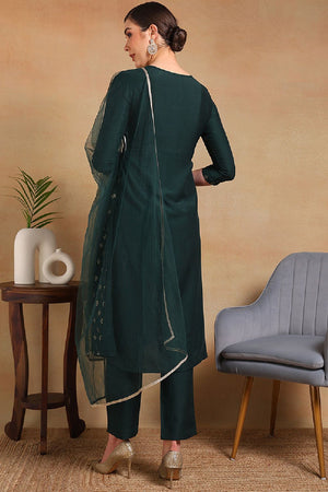 Green Silk Blend Solid Woven Design Flared Empire Kurti Pant Set