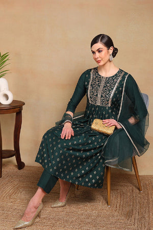 Green Silk Blend Solid Woven Design Flared Empire Kurti Pant Set