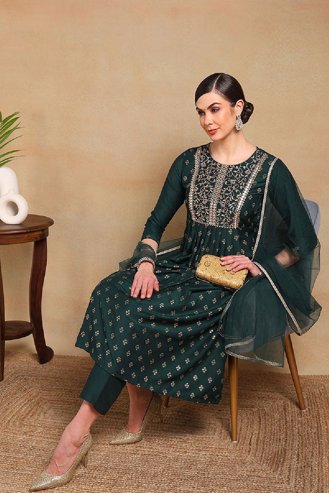 Green Silk Blend Solid Woven Design Flared Empire Kurti Pant Set
