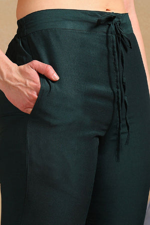 Green Silk Blend Solid Woven Design Flared Empire Kurti Pant Set