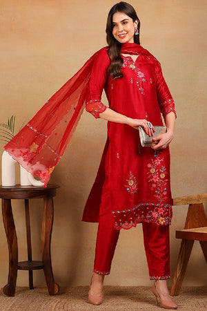 Red Silk Blend Solid Embroidered Straight Cut Regular Suit Set