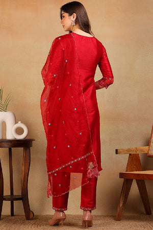 Red Silk Blend Solid Embroidered Straight Cut Regular Suit Set