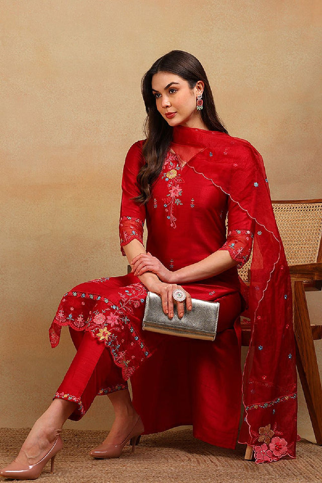 Red Silk Blend Solid Embroidered Straight Cut Regular Suit Set