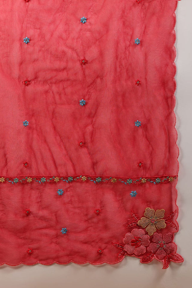 Red Silk Blend Solid Embroidered Straight Cut Regular Suit Set