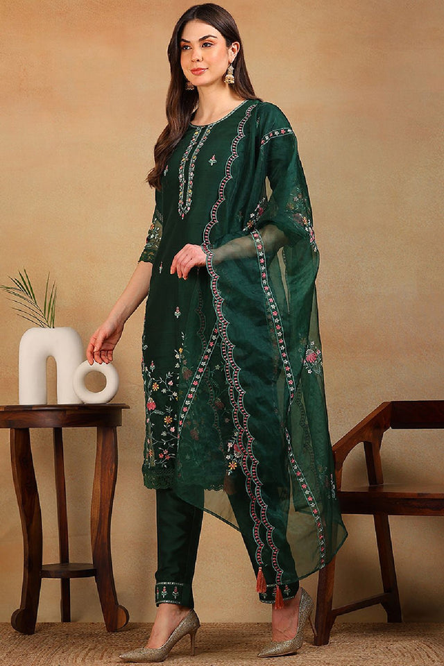 Olive Green Silk Blend Solid Embroidered Straight Cut Suit Set