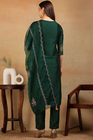 Olive Green Silk Blend Solid Embroidered Straight Cut Suit Set