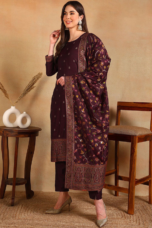 Burgundy Poly Chanderi Woven Design Straight Cut Suit Set