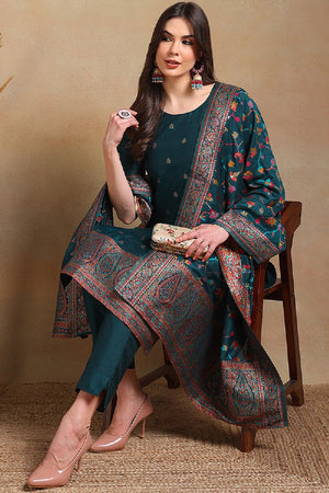 Teal Poly Chanderi Woven Design Straight Cut Suit Set