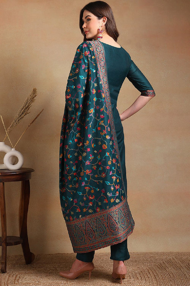 Teal Poly Chanderi Woven Design Straight Cut Suit Set