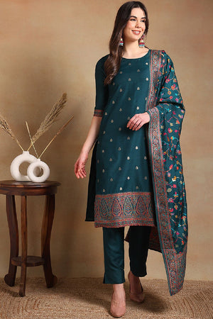 Teal Poly Chanderi Woven Design Straight Cut Suit Set