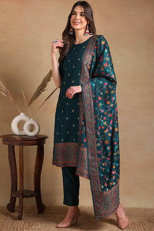 Teal Poly Chanderi Woven Design Straight Cut Suit Set