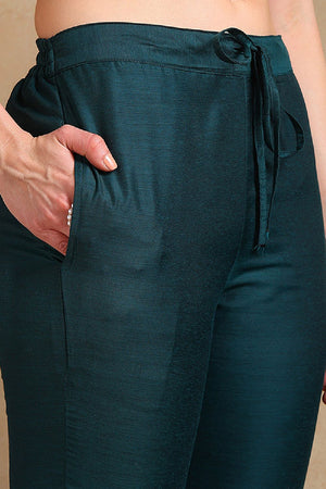 Teal Poly Chanderi Woven Design Straight Cut Suit Set