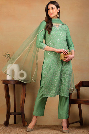 Green Silk Blend Solid Embroidered Straight Cut Suit Set