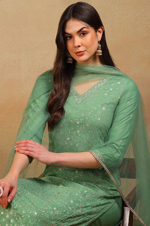 Green Silk Blend Solid Embroidered Straight Cut Suit Set