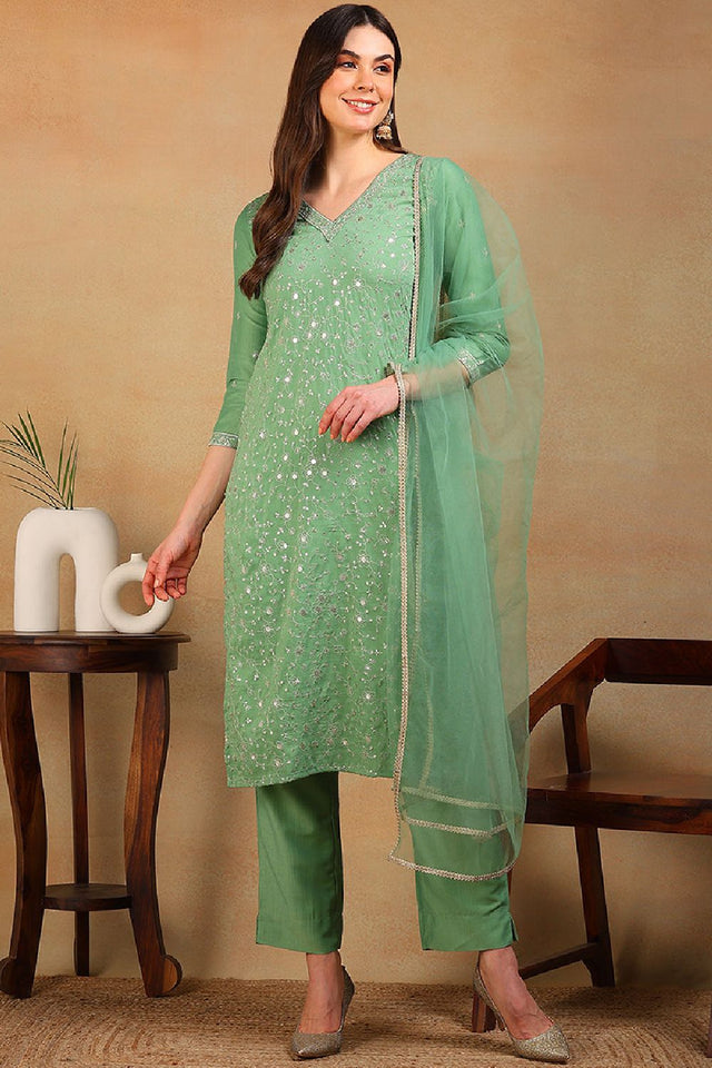 Green Silk Blend Solid Embroidered Straight Cut Suit Set