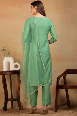 Green Silk Blend Solid Embroidered Straight Cut Suit Set