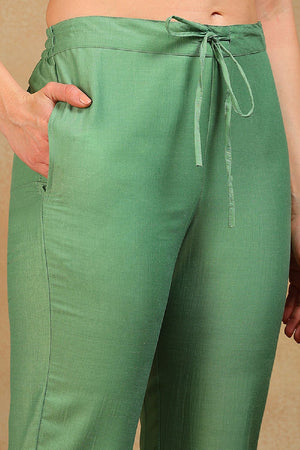 Green Silk Blend Solid Embroidered Straight Cut Suit Set