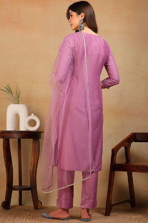 Lavender Silk Blend Solid Embroidered Straight Cut Suit Set
