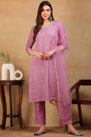 Lavender Silk Blend Solid Embroidered Straight Cut Suit Set