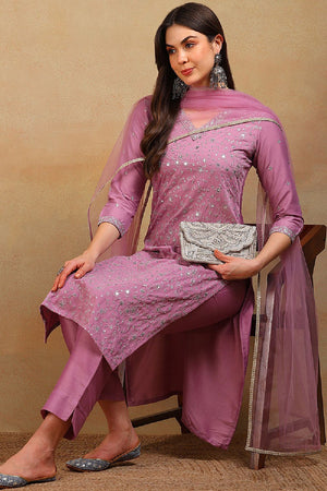 Lavender Silk Blend Solid Embroidered Straight Cut Suit Set