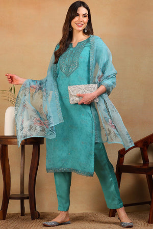 Turquoise Blue Organza Floral Embroidered Straight Cut Regular Suit Set