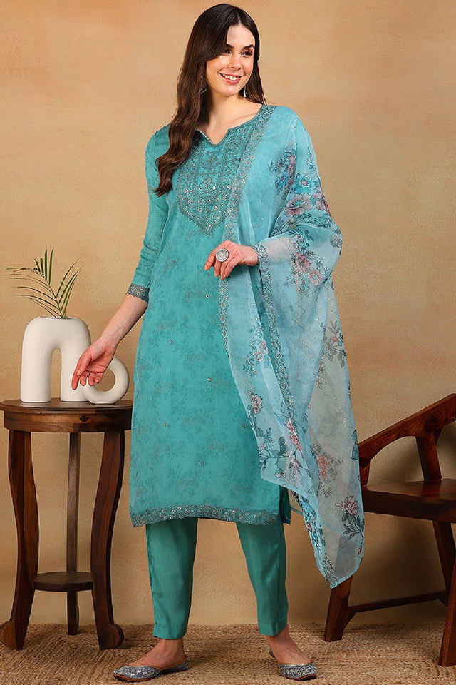 Turquoise Blue Organza Floral Embroidered Straight Cut Regular Suit Set