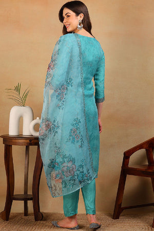 Turquoise Blue Organza Floral Embroidered Straight Cut Regular Suit Set