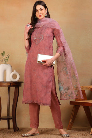 Mauve Organza Floral Embroidered Straight Cut Regular Suit Set