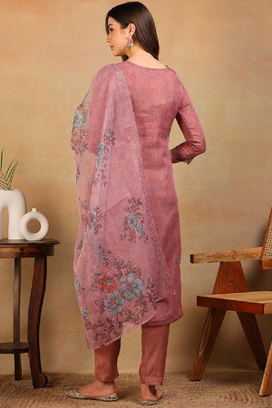 Mauve Organza Floral Embroidered Straight Cut Regular Suit Set