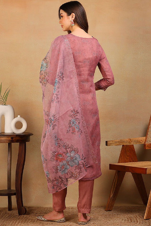 Mauve Organza Floral Embroidered Straight Cut Regular Suit Set
