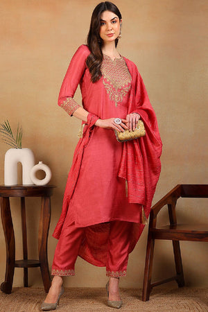 Rust Silk Blend Solid Embroidered Straight Cut Suit Set