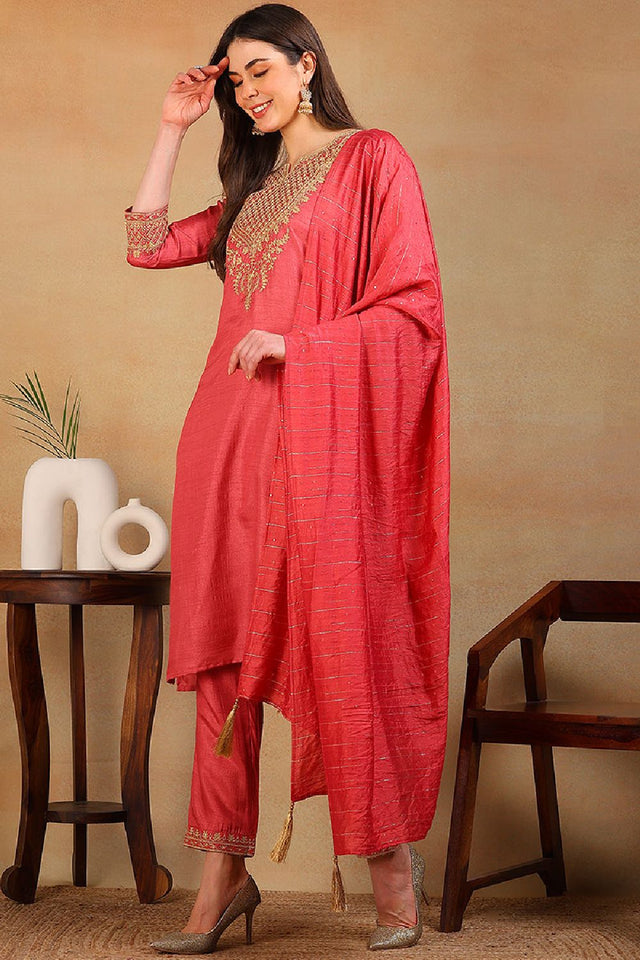 Rust Silk Blend Solid Embroidered Straight Cut Suit Set