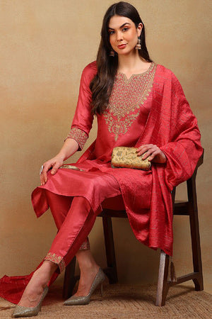 Rust Silk Blend Solid Embroidered Straight Cut Suit Set