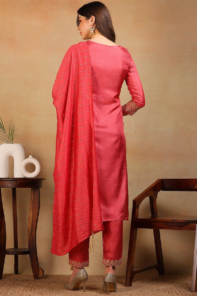 Rust Silk Blend Solid Embroidered Straight Cut Suit Set