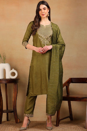 Olive Silk Blend Solid Embroidered Straight Cut Suit Set