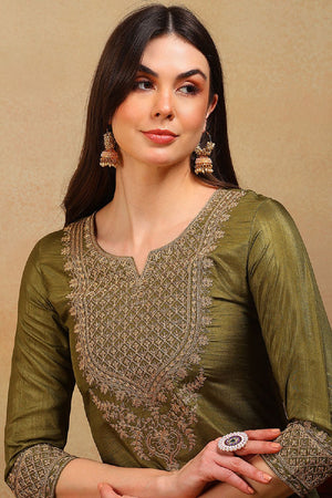 Olive Silk Blend Solid Embroidered Straight Cut Suit Set
