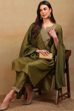 Olive Silk Blend Solid Embroidered Straight Cut Suit Set
