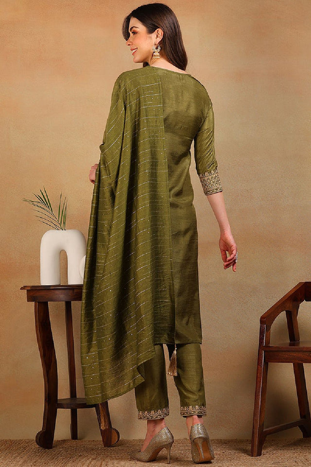 Olive Silk Blend Solid Embroidered Straight Cut Suit Set