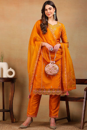 Mustard Silk Blend Solid Embroidered Straight Cut Suit Set
