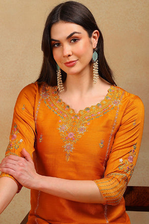 Mustard Silk Blend Solid Embroidered Straight Cut Suit Set
