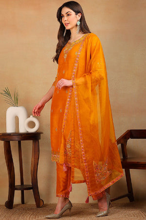 Mustard Silk Blend Solid Embroidered Straight Cut Suit Set