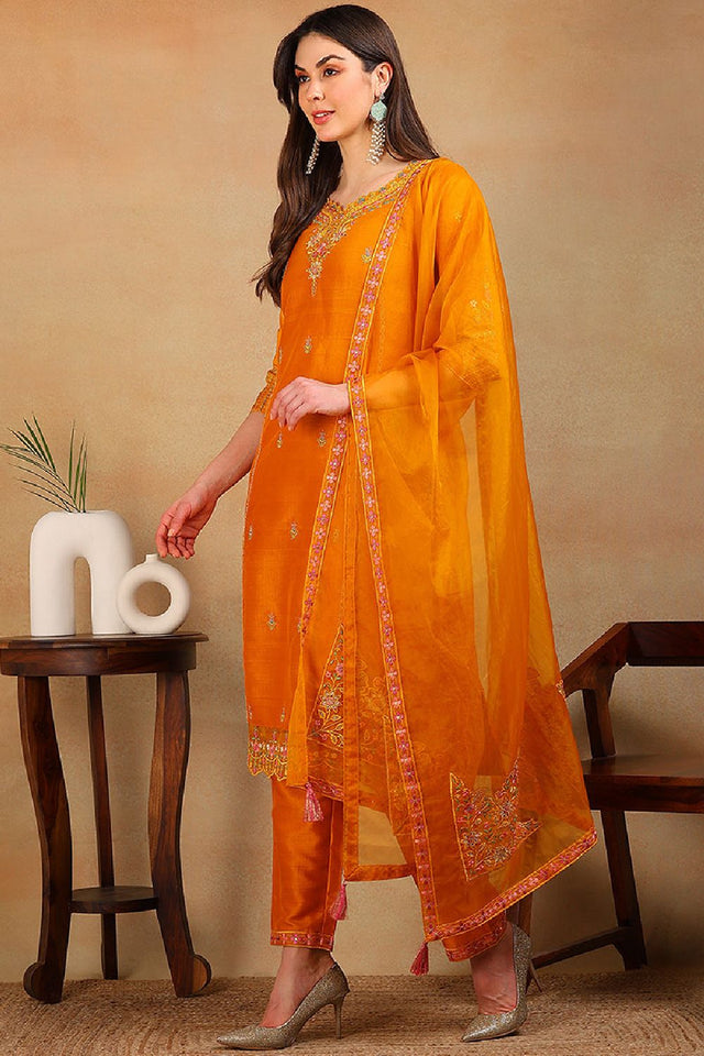Mustard Silk Blend Solid Embroidered Straight Cut Suit Set