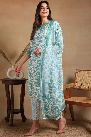 Off White Poly Rayon Printed Straight Cut Suit Set